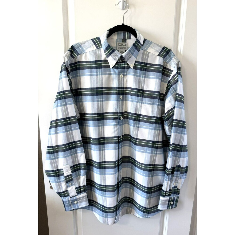 L.L. Bean Men's Blue green white Plaid Button Down Oxford Shirt L 16 1/2 35